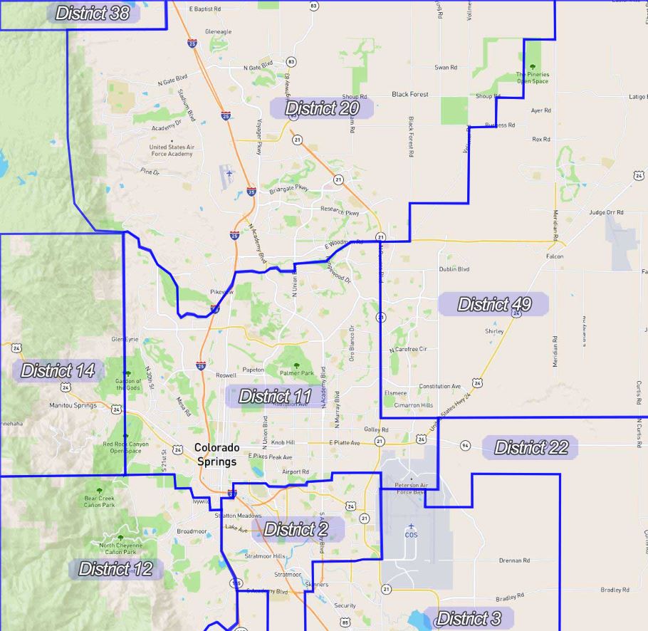 Colorado Springs School District Map — All 8 Districts including Academy D-20, Cheyenne Mountain D-12, Lewis-Palmer D-38