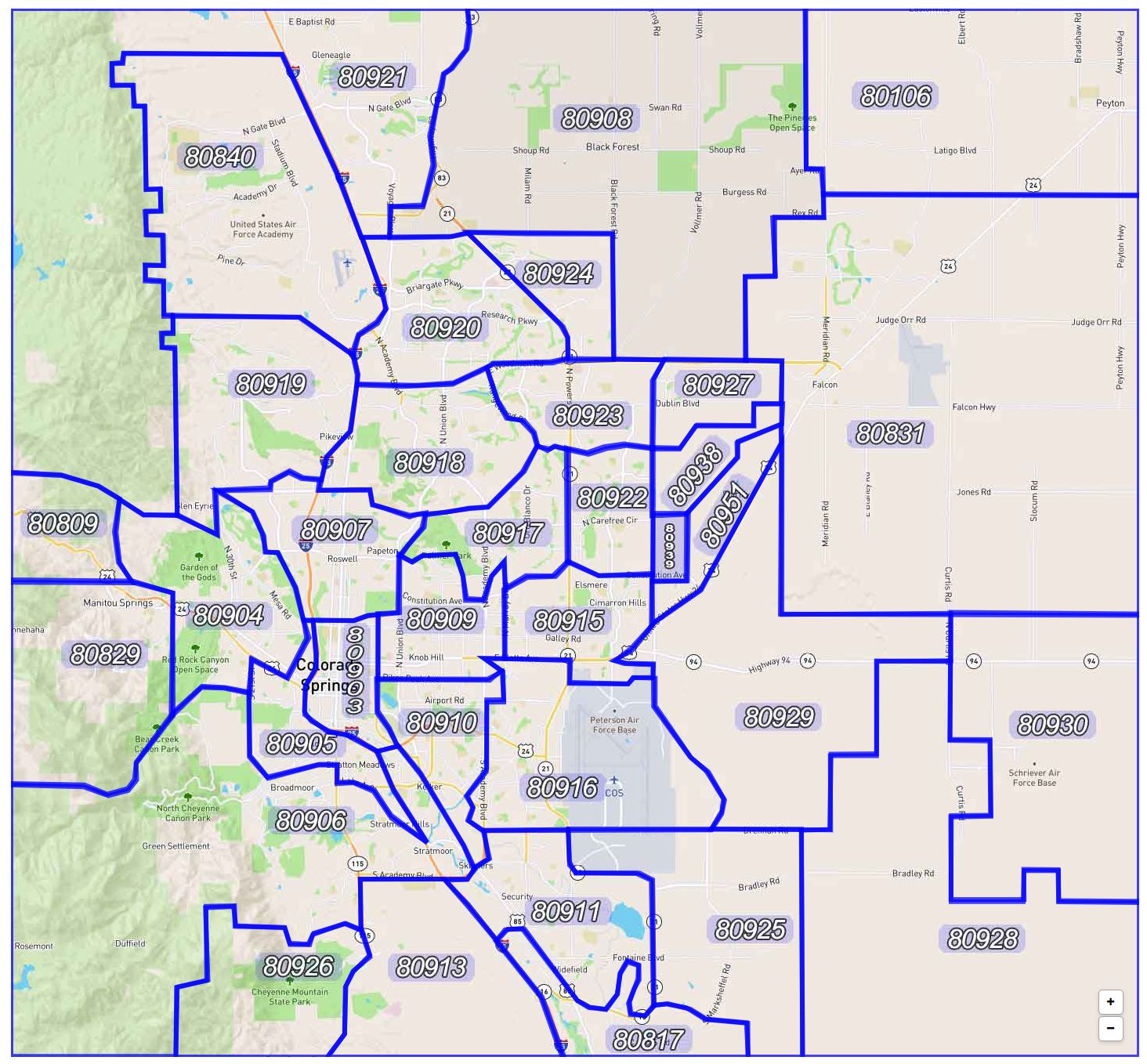 Colorado Springs Zip Code Map — All 31 Zip Codes in El Paso County